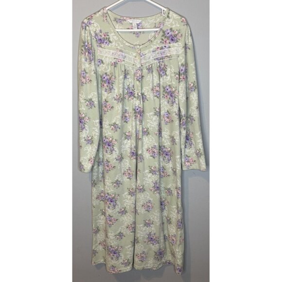 Charter Club Nightgown XL Green Floral Long Sleeve Maxi Sleepwear - Picture 1 of 4